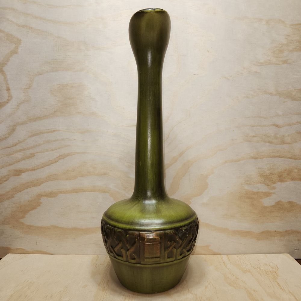 Vintage MCM Green Brown Bronze Ceramic Long Neck Pitcher Vase Pottery - Picture 4 of 11